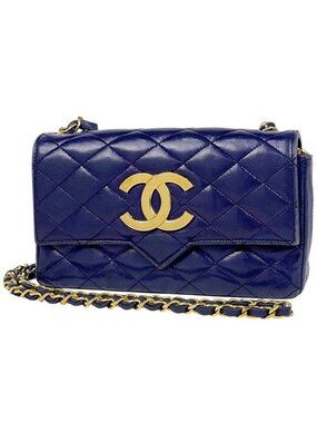 Chanel CC Logo Chain Shoulder Bag Quilted Mademoiselle Blue Purple Leather